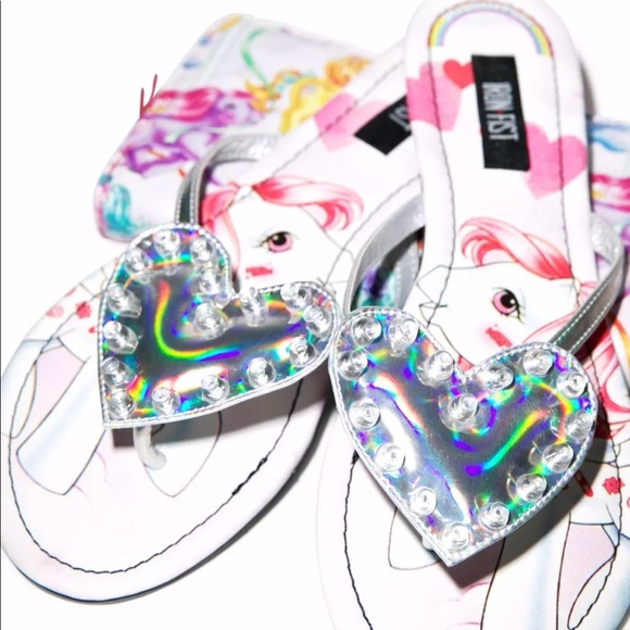Iron Fist Shoes - Hologram silver pony heart sandals thong shoes iron fist flip flops new rave 8